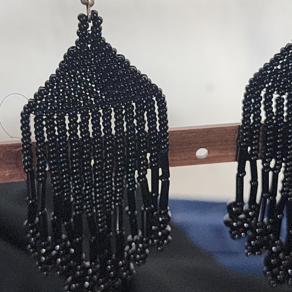 Coal Black Handmade Beaded Chandelier Shepard's Hook Earrings for Pierced Ears - Picture 7 of 16